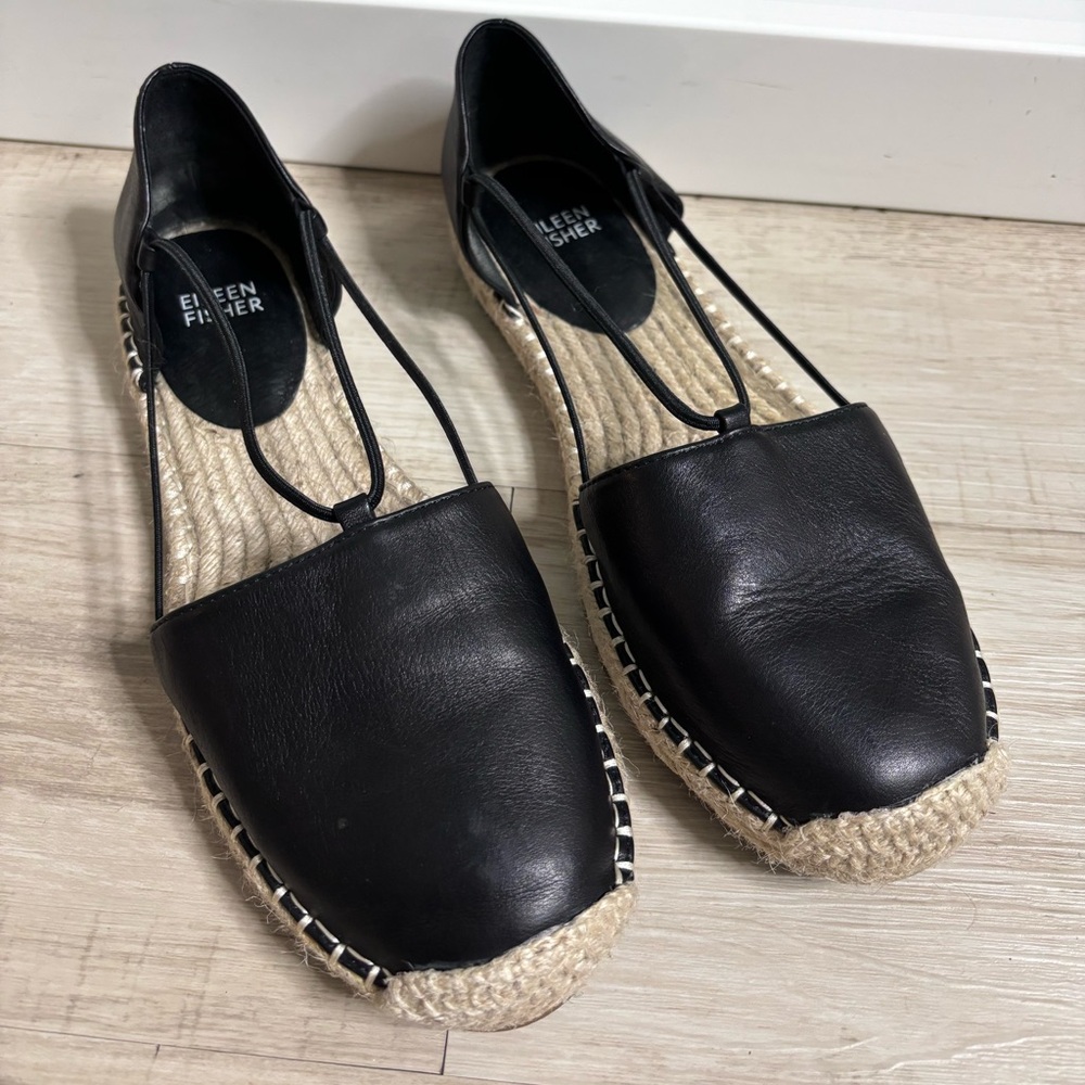 Eileen Fisher Lee D’Orsay Espadrille Flat Size 8.5 Black Leather Sandal
